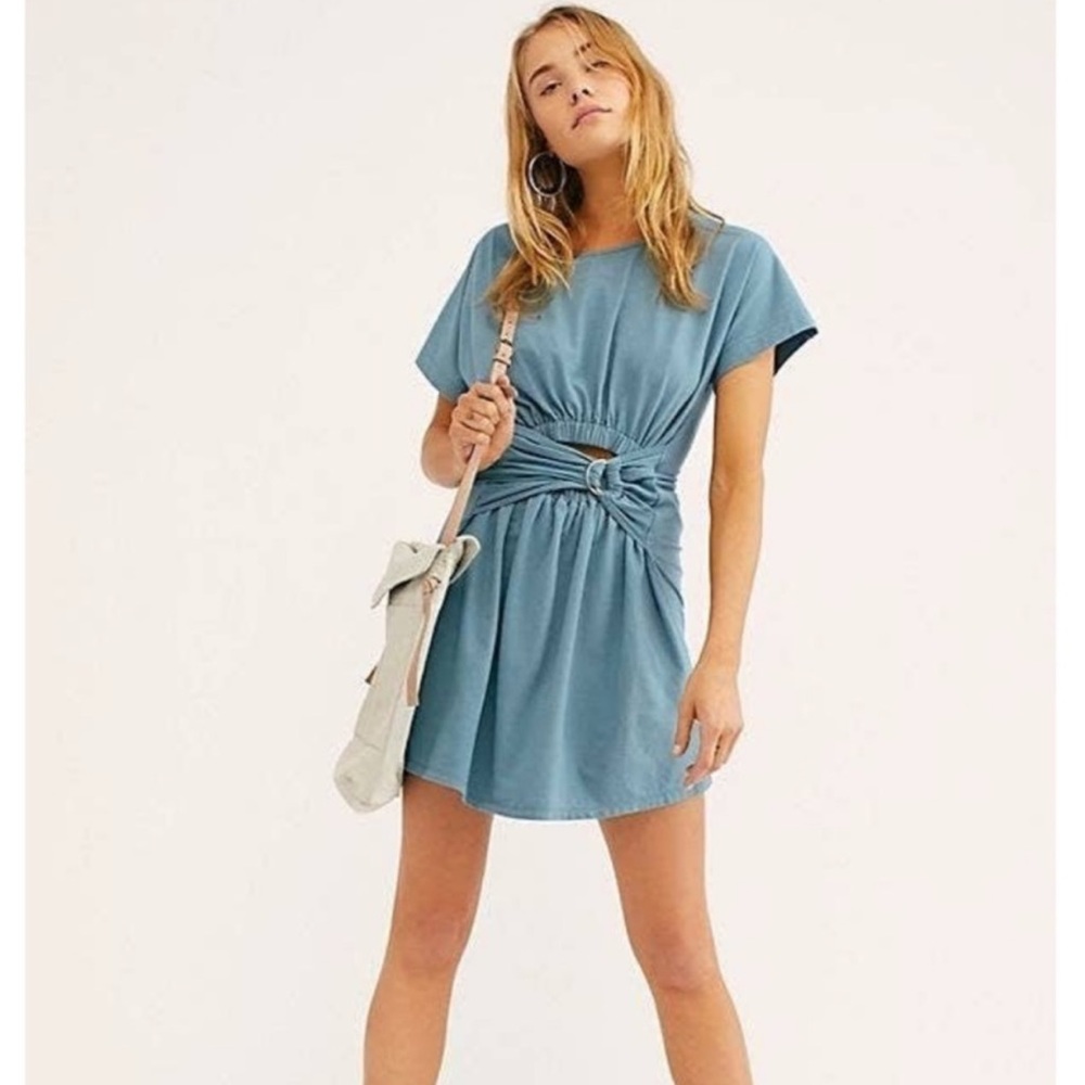 FREE PEOPLE steel blue cutout short sleeve mini dress XS